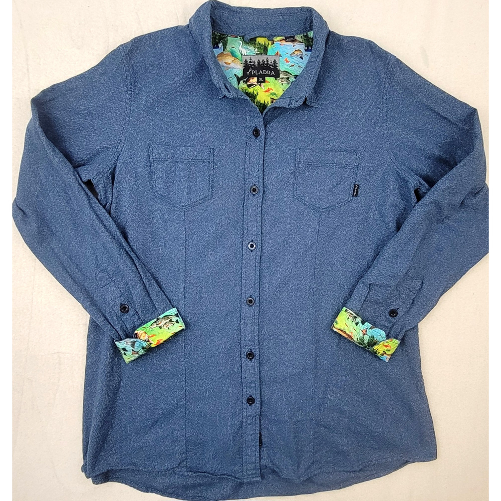 Pladra Blue Chambray Cascade Shirt XL Fishing Print Lining